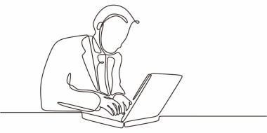 Dizüstü bilgisayarıyla çalışmaya odaklanmış bir adamın sürekli çizimi. Vektör illüstrasyon eli çizildi.