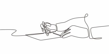 Minimalist tek satırlık sanat, elinde kalem ve yazı tutan bir elin yakın plan hareketini tasvir ediyor. Vektör illüstrasyon eli çizildi.
