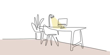 Masa lambası ve yanında saksı bitkisi olan düzenli bir çalışma alanının sürekli çizimi. Vektör illüstrasyon eli çizildi.