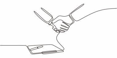 Tek satırlık sanat, başarılı bir anlaşmayı ya da kağıt üzerinde el sıkışmayı simgeliyor. Vektör illüstrasyon eli çizildi.