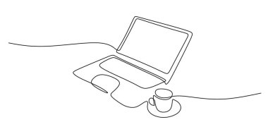 Tek sıra sanat, günlük çalışma rutinini sembolize ediyor. Yanında hazır bir laptop ve kahve var. Vektör illüstrasyon eli çizildi.