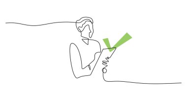 Panoya eklenmiş bir yapılacaklar listesindeki görevleri gözden geçiren bir kişinin sürekli çizimi. Vektör illüstrasyon eli çizildi.