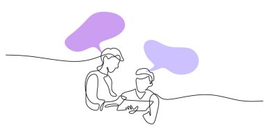 Sürekli çizgi çizerek konuşma baloncukları aracılığıyla birbirine bağlanan iki kişi. Etkili iletişim ve iş birliğinin sembolü. Vektör illüstrasyon eli çizildi.