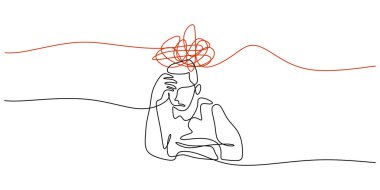 Kafası sürekli çizimde olan bir masada oturan bir adam. Zihinsel yorgunluk, iş stresi ve tükenme semptomları. Vektör illüstrasyon eli çizildi.