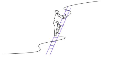 Minimalist çizgi sanatı hedefleri ve emelleri simgeliyor, merdivende bir yıldız hedefleyen figürle. Vektör illüstrasyon eli çizildi.