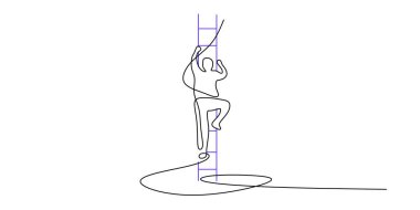 Başarıya ulaşmak için sürekli çabalamak, bir insana bir yıldıza dokunmak için merdiven çıktığını göstermek. Vektör illüstrasyon eli çizildi.