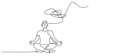 Minimalist çizgiler zihinsel dengeyi destekliyor, iş saatlerinde meditasyon yapan birini tasvir ediyor. Vektör illüstrasyon eli çizildi.