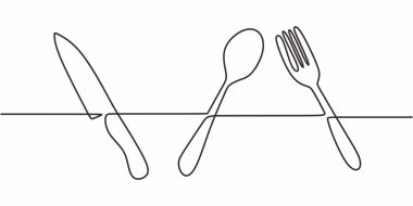 Bıçak, çatal ve kaşıkla hizalanmış standart çatal bıçak takımını tasvir eden tek sıra sanat eseri. Vektör illüstrasyon eli çizildi.