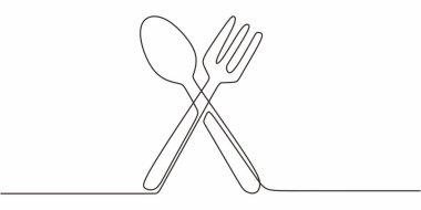 Çapraz çatal ve kaşığın sürekli çizimi, yemek ya da restoranların klasik sembolü. Vektör illüstrasyon eli çizildi.