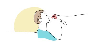 Sürekli bir çizim, bir tabak spagetti yiyen bir adam, içten yemeyi sembolize ediyor. Vektör illüstrasyon eli çizildi.
