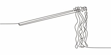 Devamlı çizilen yemek çubukları, Asya mutfağını temsil eden erişteleri kaseden kaldırıyor. Vektör illüstrasyon eli çizildi.