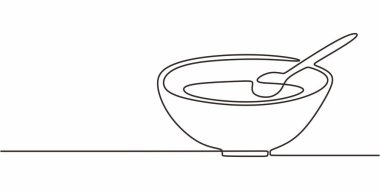 Çorba ya da mısır gevreği içeren bir kâse çizimi devam ediyor, içinde bir kaşık dinleniyor. Vektör illüstrasyon eli çizildi.