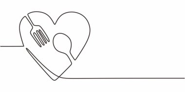 Sürekli bir kaşık ve çatal çizimi kalp şeklinde dizilmiş, yemek aşkını sembolize ediyor. Vektör illüstrasyon eli çizildi.