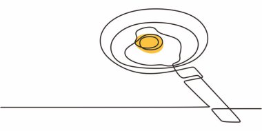 Basit ev yemeklerini temsil eden tek sıra sanat eseri, tavada kızarmış yumurtaları gösteriyor. Vektör illüstrasyon eli çizildi.