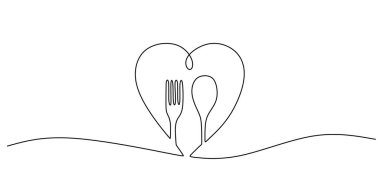 Yemek için sevgiyi tasvir eden minimalist çizgi çizimi, çatal ve kaşıktan yapılmış bir kalp tarafından gösterilir. Vektör illüstrasyon eli çizildi.