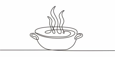 Sürekli Tek Hat Sanat Buharı Çorba Kasesi. Minimalist konforlu yemek sıcak yemek sağlıklı kış konforlu vektör resimleme.