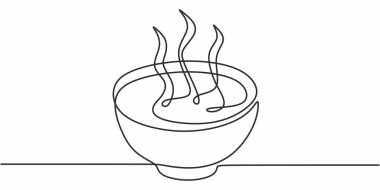 Sürekli Tek Hat Çorba Buharı. Minimalist, sıcak, konforlu yemek, sağlıklı, konforlu kış vektör ikonu çizimi..