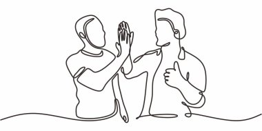 Aralıksız Tek Hat Sanat Çak Beşlik Sembol İki İnsan. Takım başarı işbirliği ortaklığı minimalist vektör illüstrasyon simgesi.