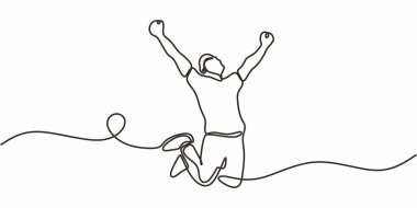 Aralıksız Tek Hat Sanat Atlama Kişisi. Neşe zaferini kutlayalım. Başarı minimalist vektör illüstrasyon sanatı..