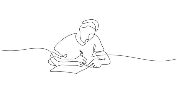 Continuous one line drawing style portraying a man thoughtfully recording information in a notebook. Vector illustration hand drawn.