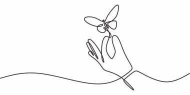 Kelebeği Parmağa Çeken Devamlı Tek Hat. Doğa Bağlantısı Hassas Güzellik. Özgürlük Böceği.