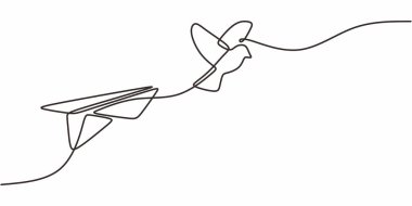 Sürekli Tek Hat Kağıt Uçak Uçan Kuş Çiziyor. Minimalist Özgürlük Seyahati. Hayal Doğası.