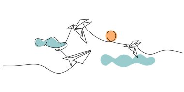 Sürekli Kağıt Uçak Çizen Kuş Bulutu Güneşi. Seyahat Hayali Doğası. Hayal Yolculuğu.