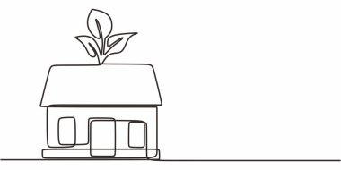 Sürekli Tek Hat Çizim Evi Çatı Bahçesi. Sürdürülebilir Yaşam Eko Evi. Yeşil Mimari.