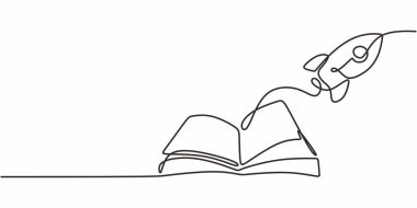Aralıksız Tek Satır Açık Kitap Roketi çiziyor. Eğitim Başlatma Öğrenme Konsepti. Bilgi Gücü.