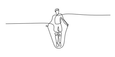 İp atlayan birinin tek çizgi sanat vektörü. Egzersiz ve aktif yaşam tarzı illüstrasyonu. Jimnastik ve egzersiz grafiği.
