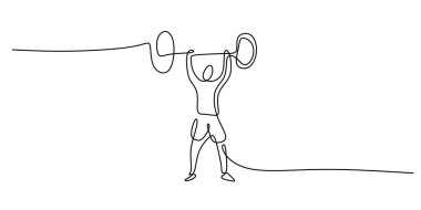 Ağırlık kaldıran bir kişinin sürekli çizimi. Spor ve spor salonu vektör çizimi. Güç eğitimi konsepti sanatı.