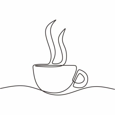 Buharlı sıcak bir kahvenin tek sıra sanat vektörü. Kafe ve içki illüstrasyonu. Sabah içeceği grafikleri.