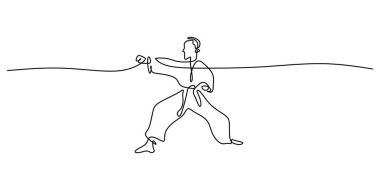 Dövüş sanatları dövüşçüleri tek sıra halinde. Spor jimnastik eğitimi. Nefsi müdafaa siluet vektörü.