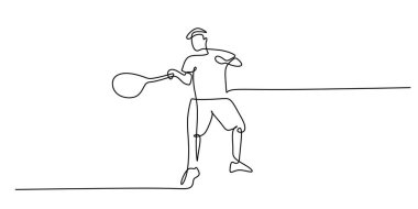 Tek sıra halinde tenis oynayan bir atlet. Mahkeme fitnesinde raket sporu. Etkin eşleşen modern vektör.