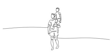 Babası çocuğu tek sıra halinde omuzlarında tutuyor. Babalık neşeli aileyi sever. Ebeveyn çocuk neşeli bir an.