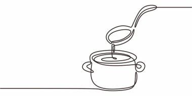 Bir çizgi sanata sıvı döken bir kepçe. Çorba sosu hazırlıyorum. Mutfak aşçılık süreci.