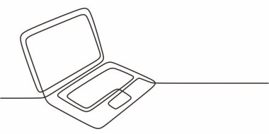 Dizüstü bilgisayar bir satırlık sanat eseri. İş verimliliği teknolojisi yeniliği. Modern ofis aygıtı vektör görüntüsü.