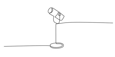 Minimalist vektör illüstrasyonunda bir mikrofonun sürekli çizimi, sesi, hikaye anlatımını ve modern ses çağını sembolize eder. Düzenlenebilir vuruş beyaz arkaplanda izole edildi.