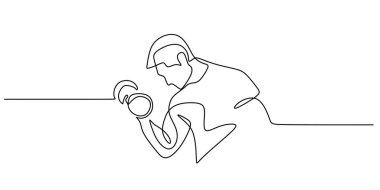 Dambılları kaldıran bir kişinin çizimi. Spor salonu, spor salonu ya da idman konseptleri için basit kesintisiz çizgi sanatı. Vektör illüstrasyon minimalisti.