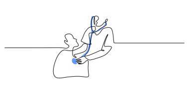 Steteskopla dinleyen bir hemşire çizgisi. Sağlık çalışanlarının bağlılığını ve önemini sembolize ediyor. Düzenlenebilir felçli minimalist vektör çizimi.