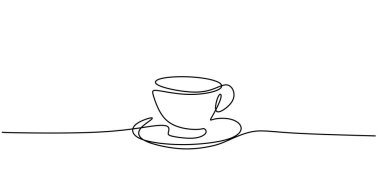 Bir çay fincanı ya da kahve fincanı ve fincan tabağı çizimi dinginliği ve günlük ritüelleri yakalıyor. Sürekli bir vuruş tarzıyla vektör illüstrasyonuName.