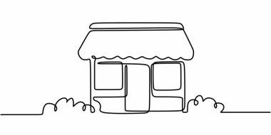 Alışveriş, girişimcilik ve toplumu temsil eden büyüleyici bir dükkanın minimalist bir çizimi. El çizimi eskiz Tenteli Küçük Dükkan, düzenlenebilir felçli tasarım elemanı.