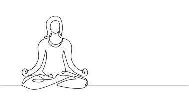 Lotus meditasyon pozunda dinlenen bir kadının çizimi. Farkındalık ve sükunet için basit bir vektör illüstrasyon kavramı.