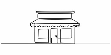 Küçük bir dükkan cephesinin kesintisiz çizimi ticareti, perakendeciyi ve yerel işletmeyi sembolize ediyor. Kafe logosu veya mağaza önü tasarımı için vektör illüstrasyonu.