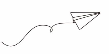 Minimalist çizim tarzında kağıt uçak. Özgürlük kavramı, yaratıcılık ve keşif kavramı. Beyaz arkaplanda izole edilmiş düzenlenebilir felçli el çizimi vektör çizimi.