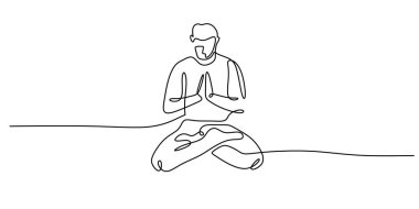 Nilüfer pozisyonunda meditasyon yapan bir adamın çizdiği bir çizgi. Elleri dua jestinde. Minimalist el çizimi tarzı, farkındalığı, barışı ve ruhsal dengeyi sembolize eder..