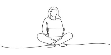 Dizüstü bilgisayarda çalışan bir öğrencinin minimalist çizimi. E-öğrenme, çevrimiçi kurslar ve odaklanmış çalışma kavramı. Çalışan ve öğrenen genç bir kadın. Basit el çizimi vektör çizimi.