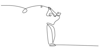 Golfçü sürekli tek çizgi çizerek topa vuruyor. Vektör illüstrasyonu eğlence sporlarını, hassasiyeti ve eğlenceyi temsil ediyor. Minimalist el çizimi sembolü.