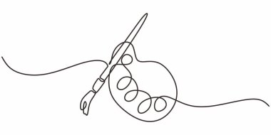 Bir boya fırçası ve palet çizimi. Sanat ve yaratıcılığın minimalist bir sembolü. Basit bir çizim çizimi..