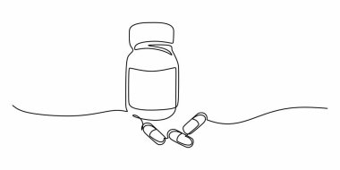 Dökülmüş ilaçlarla dolu bir ilaç şişesi, bir çizim. İlaç, doz ve reçeteli ilaç kavramı. Eczane veya sağlık hizmetleri için minimalist vektör illüstrasyonuName.